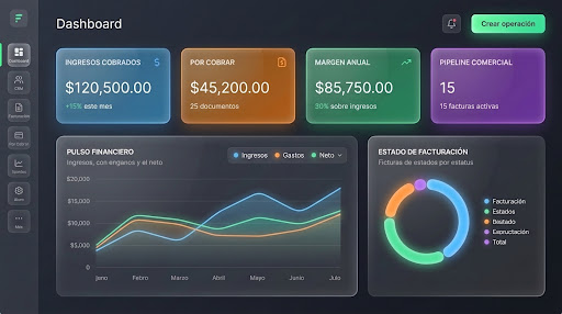 Panel ejecutivo de KairoX ERP con métricas financieras en tiempo real